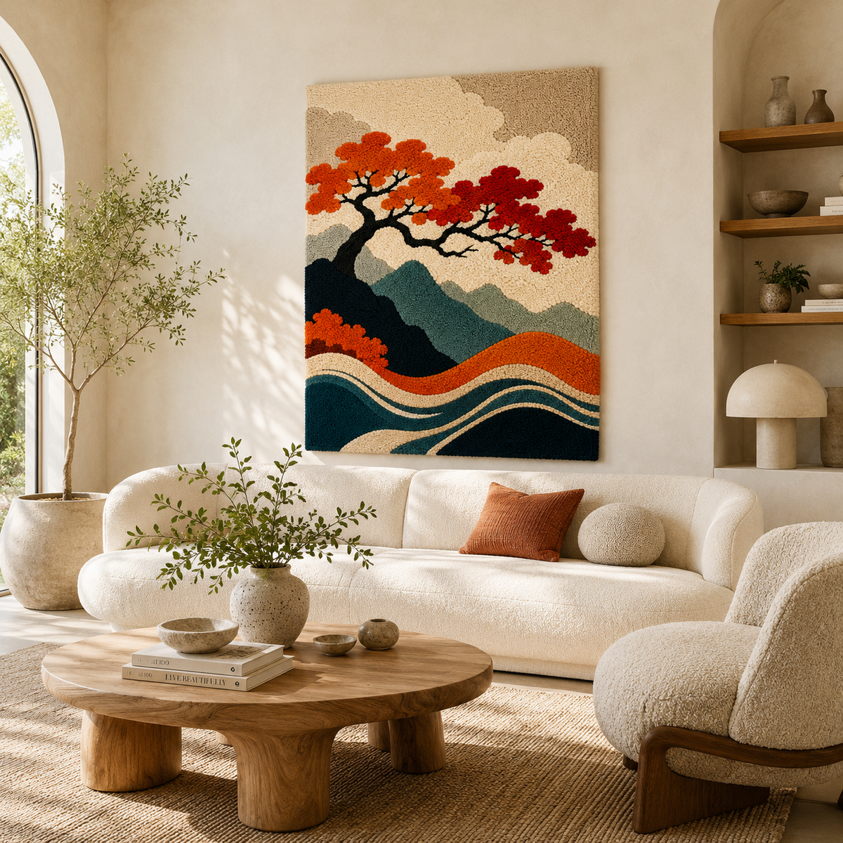 Hewn Earth Ember Eclipse wall art featuring a circular, textured design with warm earthy tones, displayed on a modern interior wall.