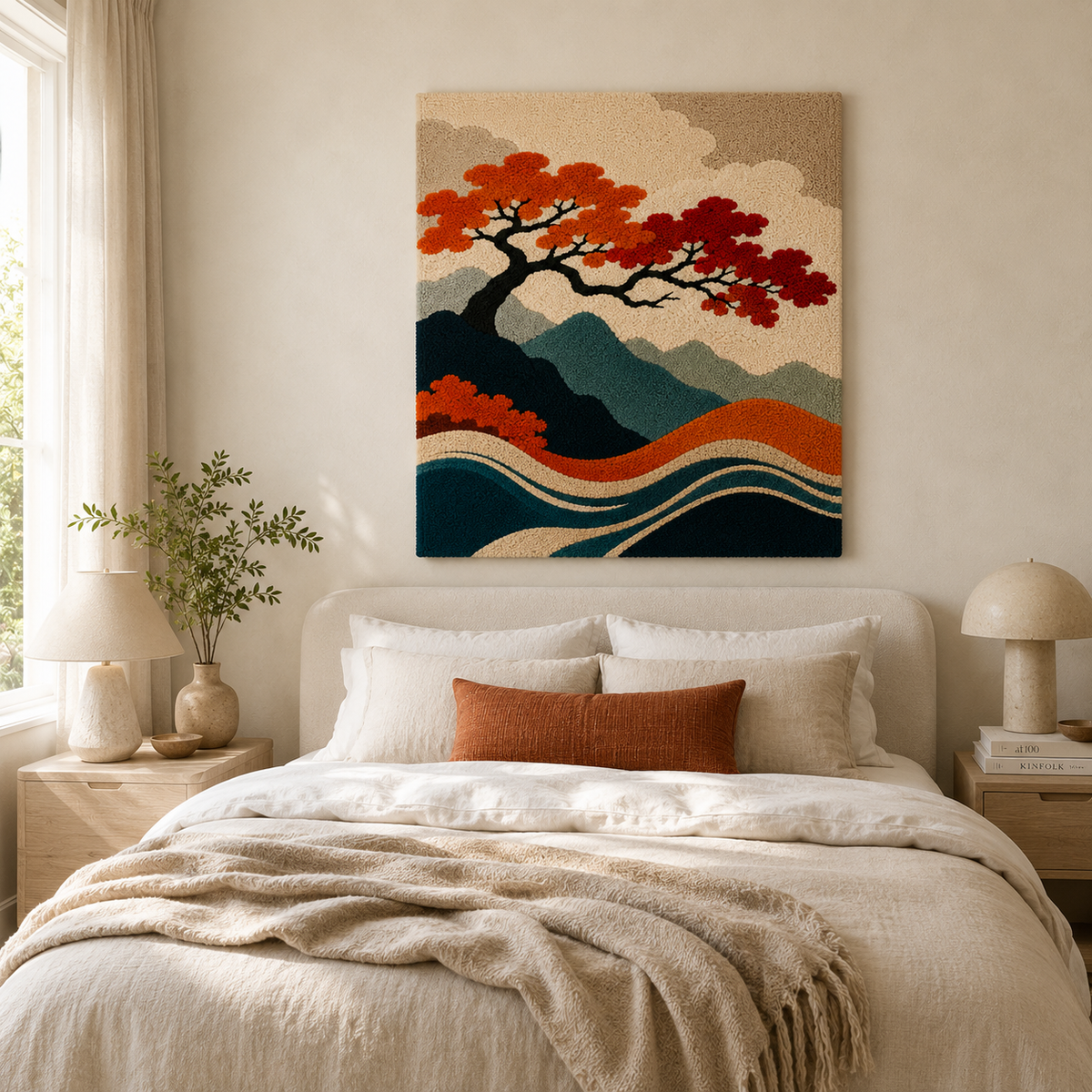 Hewn Earth Ember Eclipse wall art featuring abstract glowing orange and black geometric design on a white background.