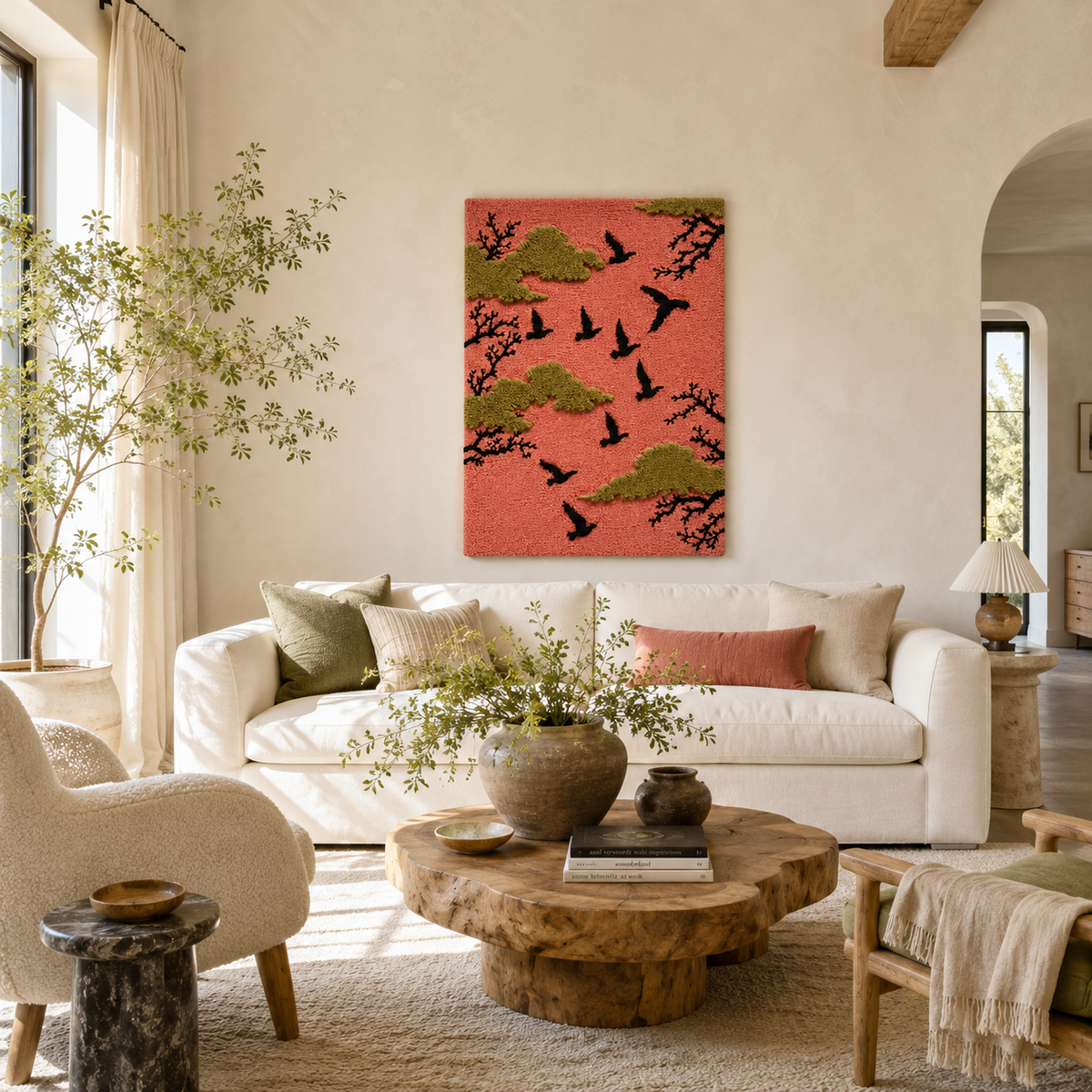 Hewn Earth Afterglow Zenith wall art featuring vibrant, abstract sunset colors on a textured canvas.
