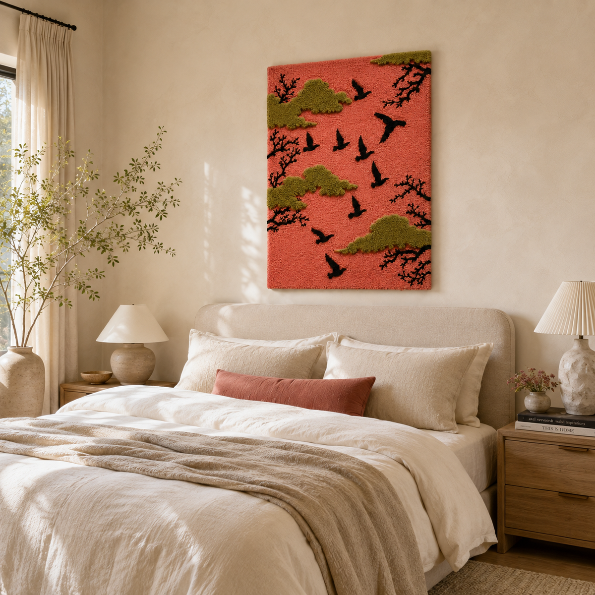 Hewn Earth Afterglow Zenith wall art featuring vibrant abstract design with warm orange and blue hues on textured canvas.