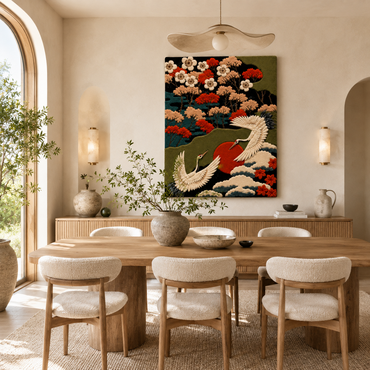 Hewn Earth Afterglow Jubilee wall art featuring abstract colorful shapes on a neutral background.