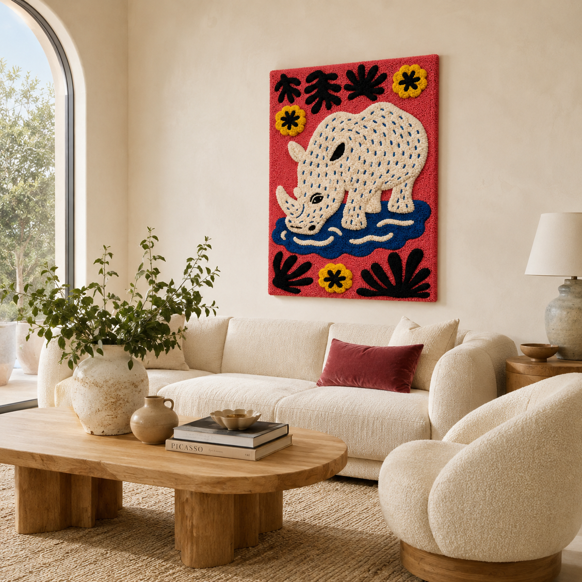 Hewn Earth Ember Lagoon wall art featuring vibrant, abstract desert landscape with warm tones for modern interior decor.