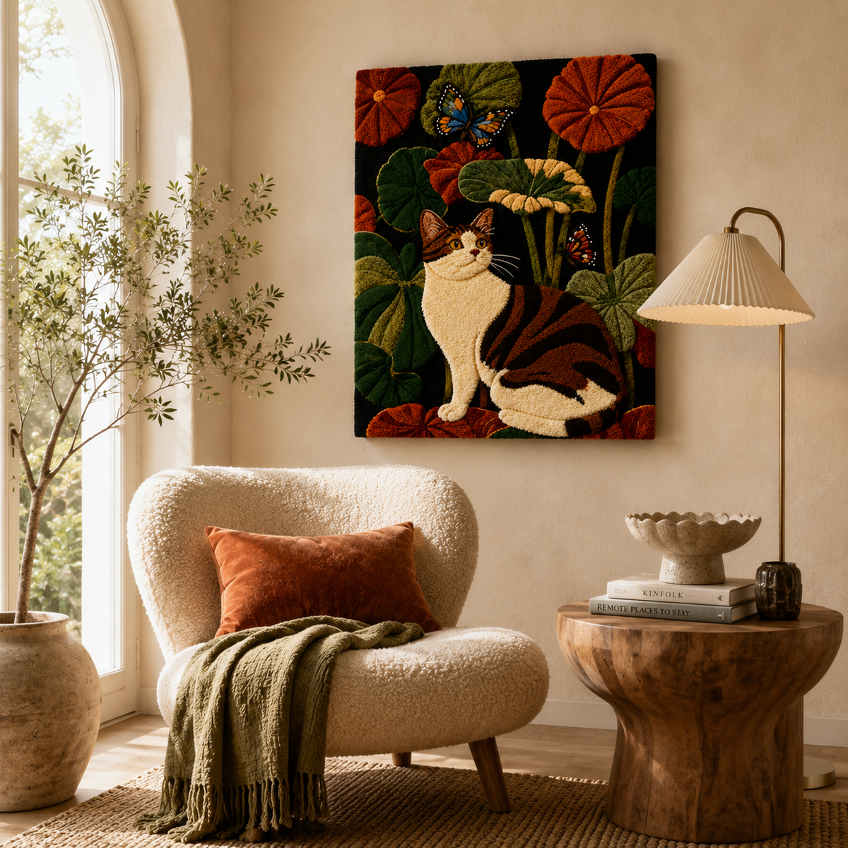 Close-up of Afterglow Grove wall art by Hewn Earth, showcasing detailed, colorful botanical illustration on textured surface.
