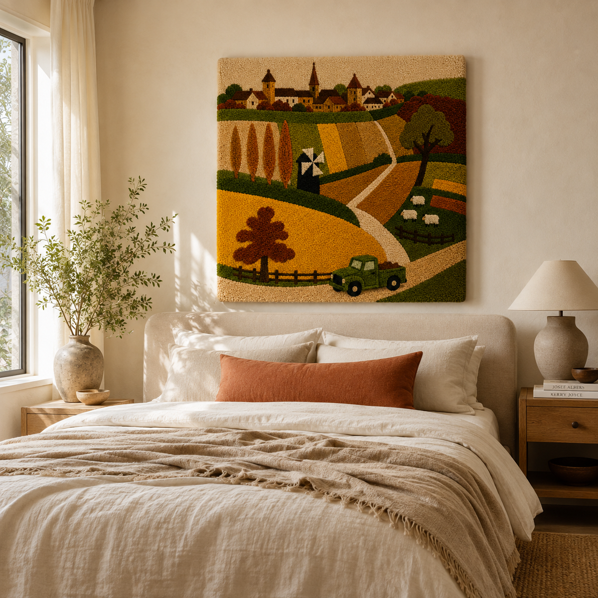 Hewn Earth Ember Uplands wall art featuring earthy tones and abstract landscape design on a wall.