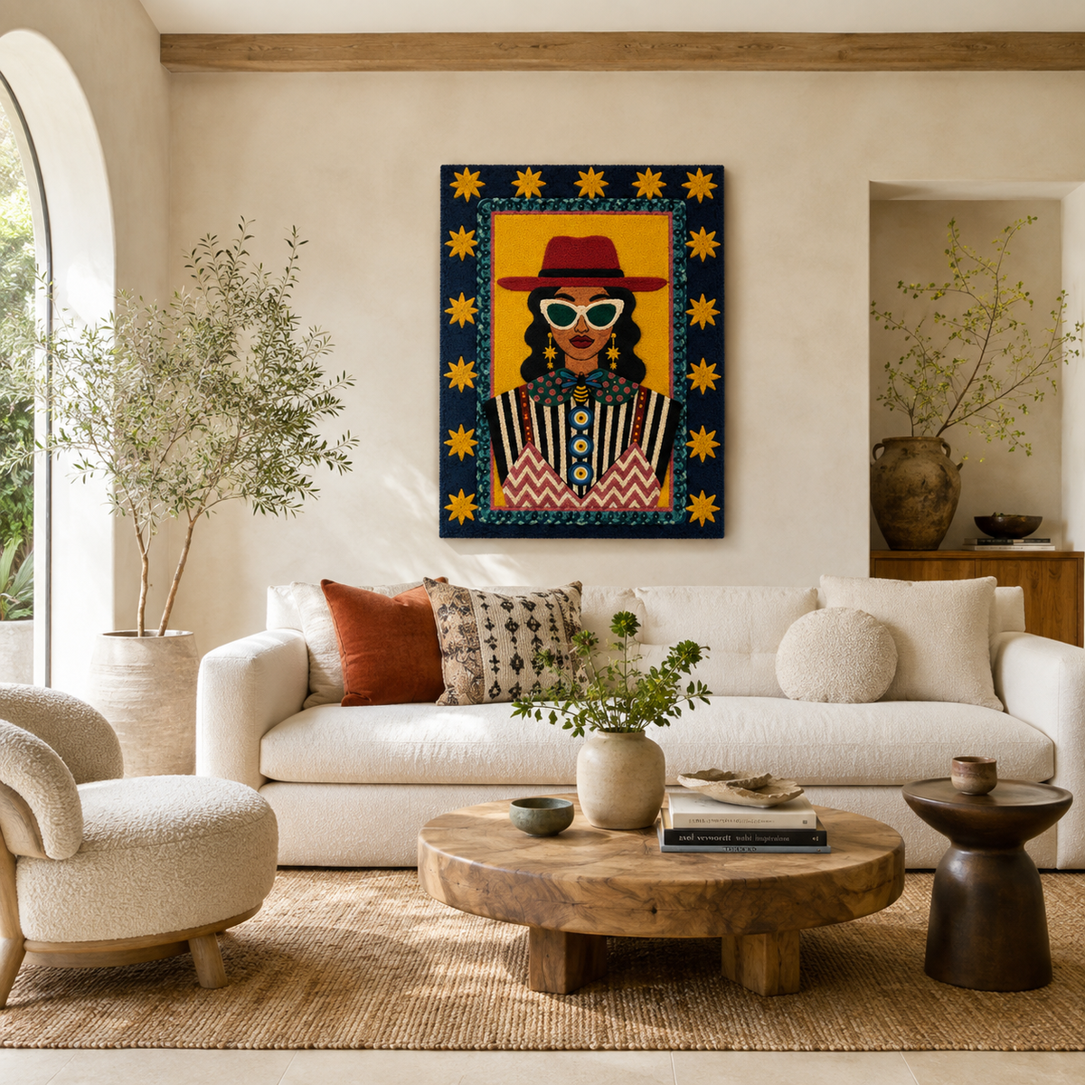 Hewn Earth Gilded Dawn wall art featuring a luminous, abstract design with gold accents on a neutral background.