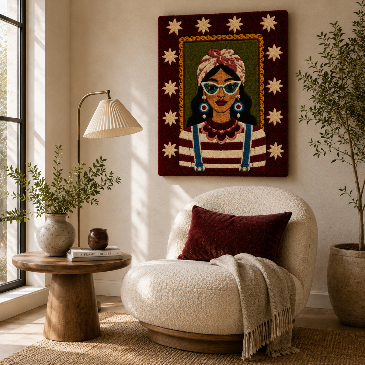 Luminous Kingfisher wall art by Hewn Earth featuring a vibrant kingfisher bird perched on a branch.