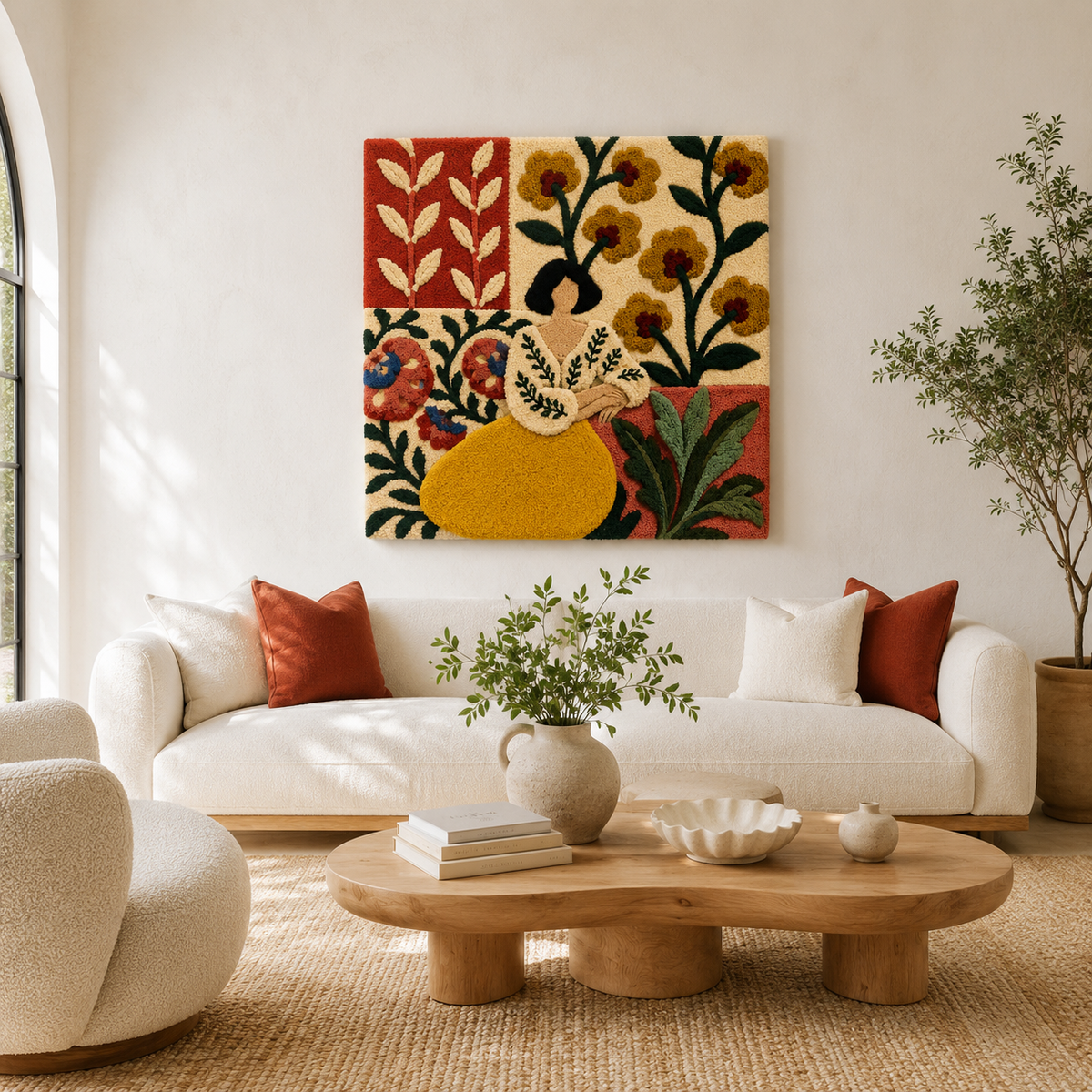 Hewn Earth Afterglow Rill wall art featuring a vibrant, abstract design in warm tones displayed on a modern room wall.