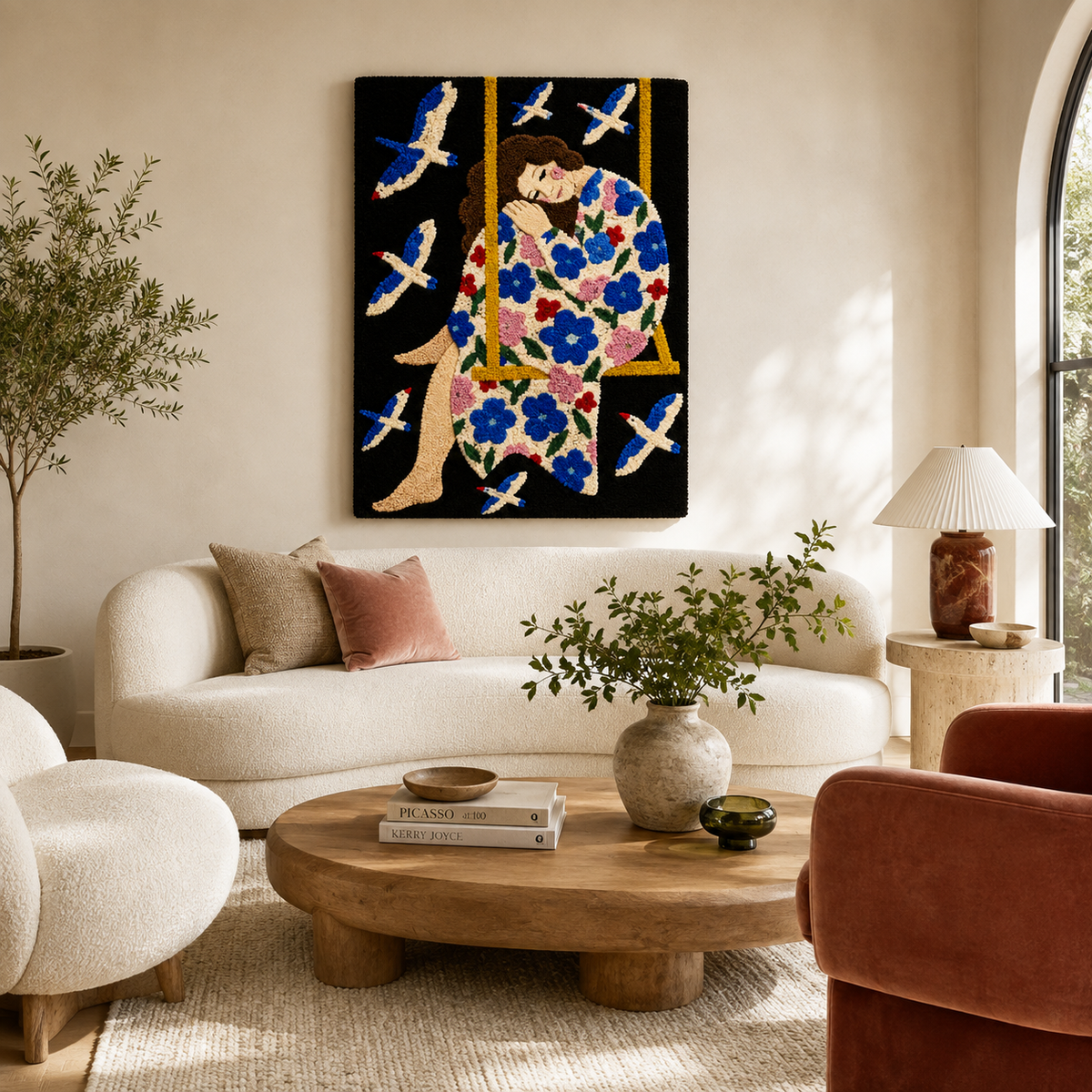 Hewn Earth Ember Fjord wall art featuring a vibrant, abstract design in fiery orange and deep blue tones for modern interior decor.