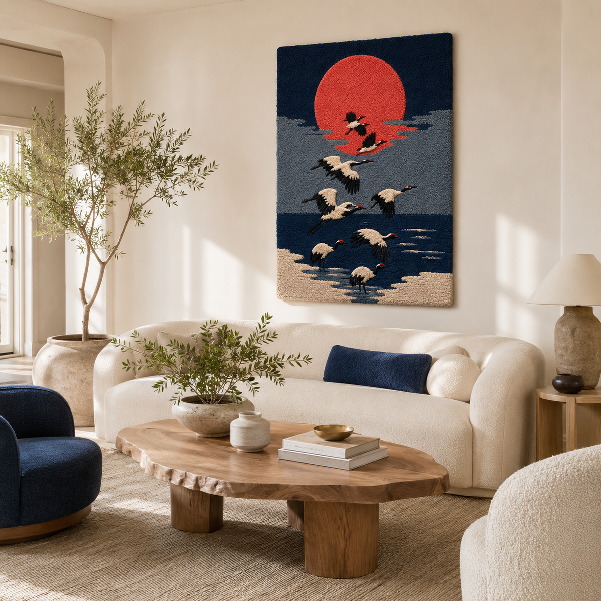 Hewn Earth Cinder Harbor wall art displayed on a room wall, featuring a serene landscape scene with muted tones.