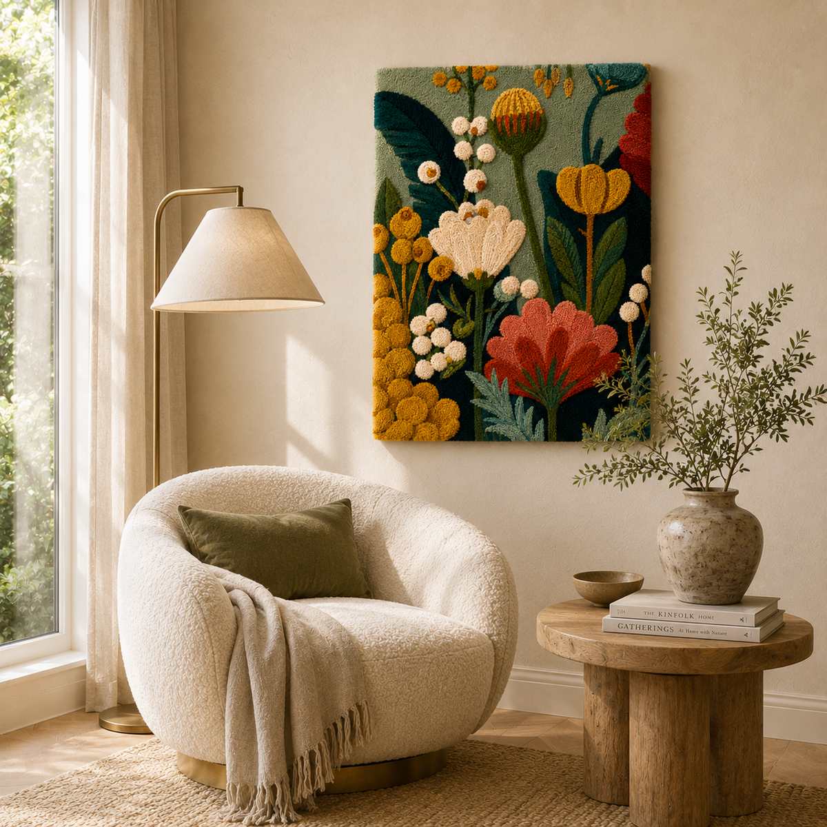 Hewn Earth Ember Oasis wall art featuring warm, abstract desert landscape in earthy tones on a textured canvas.