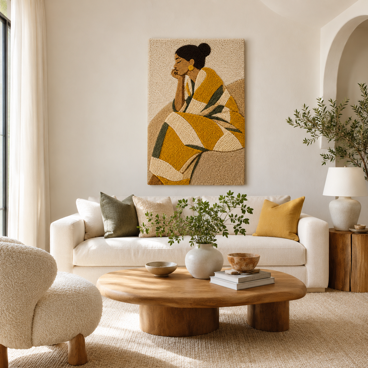 Hewn Earth Ember Meadow wall art featuring a vibrant, abstract design with earthy tones, displayed on a contemporary wall.