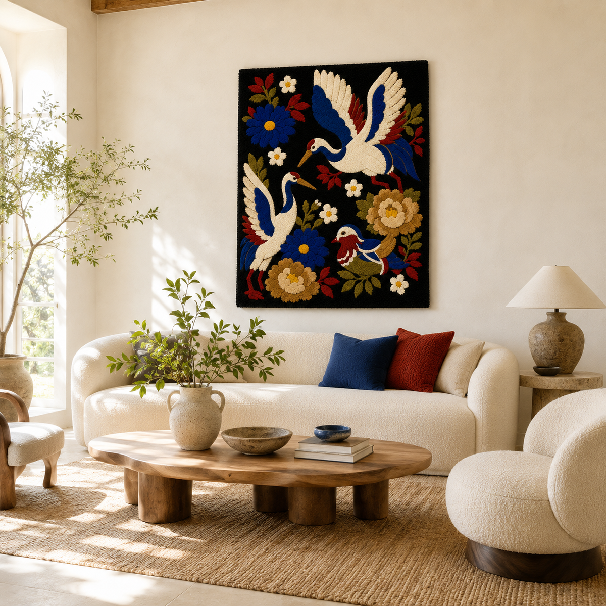 Hewn Earth Gilded Tapestry wall art hanging on a room wall, featuring intricate gold-toned design and textured fabric details.