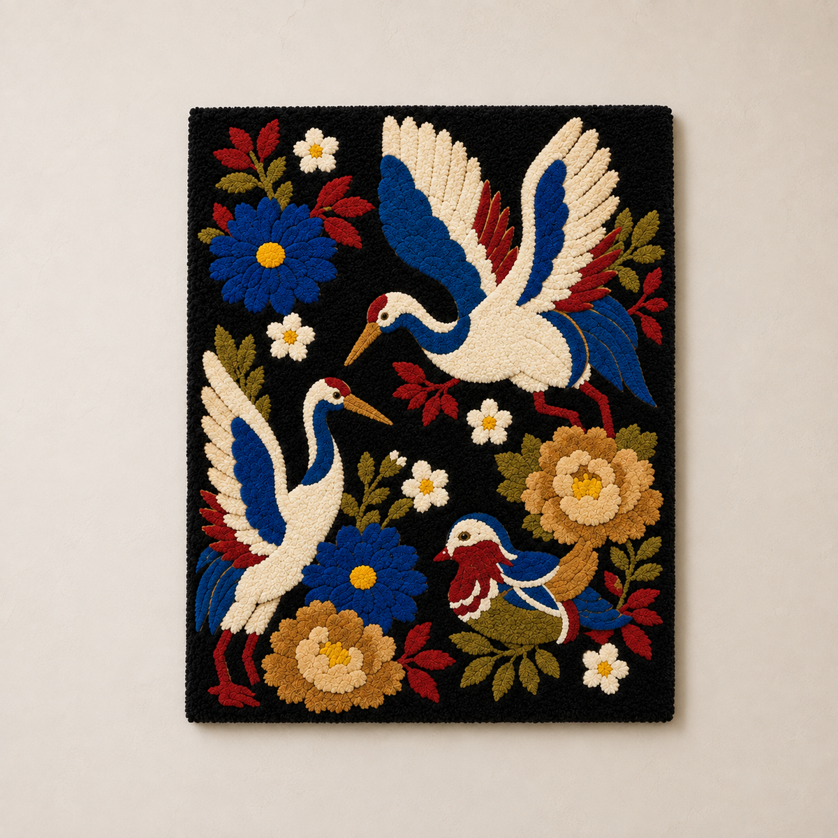 Close-up of a detailed gilded tapestry wall art by Hewn Earth, showcasing intricate gold accents and textured fabric.
