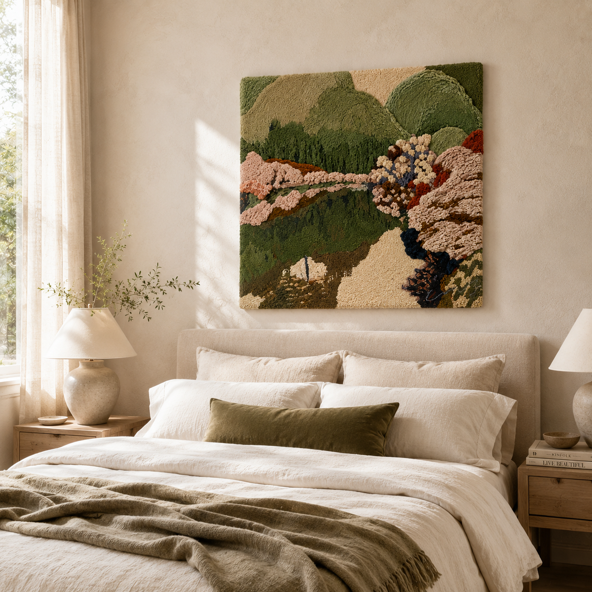 Luminous Cairn wall art by Hewn Earth featuring a glowing stone cairn design on a textured background.