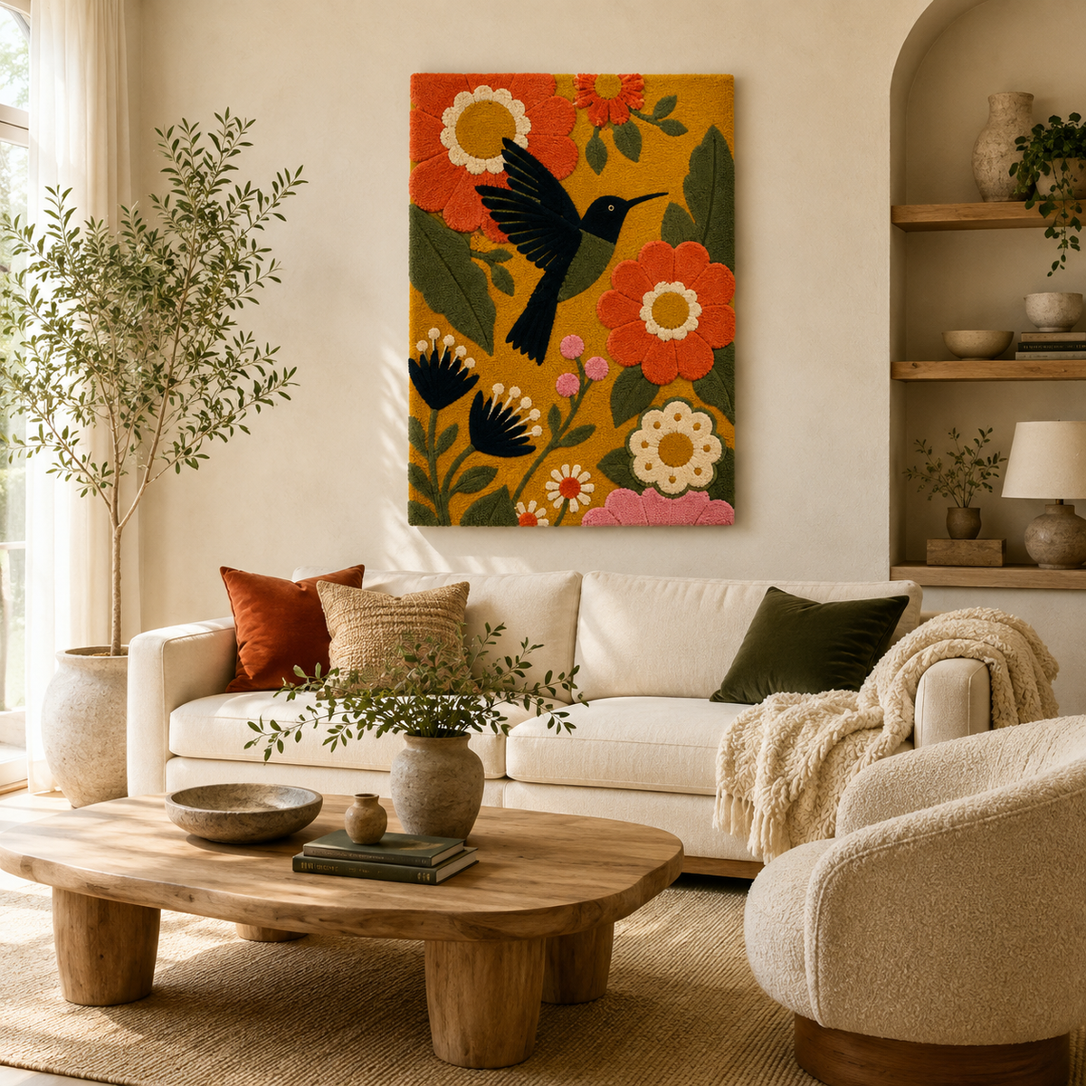 Hewn Earth Afterglow Juniper wall art featuring vibrant juniper branch illustration on a neutral background.