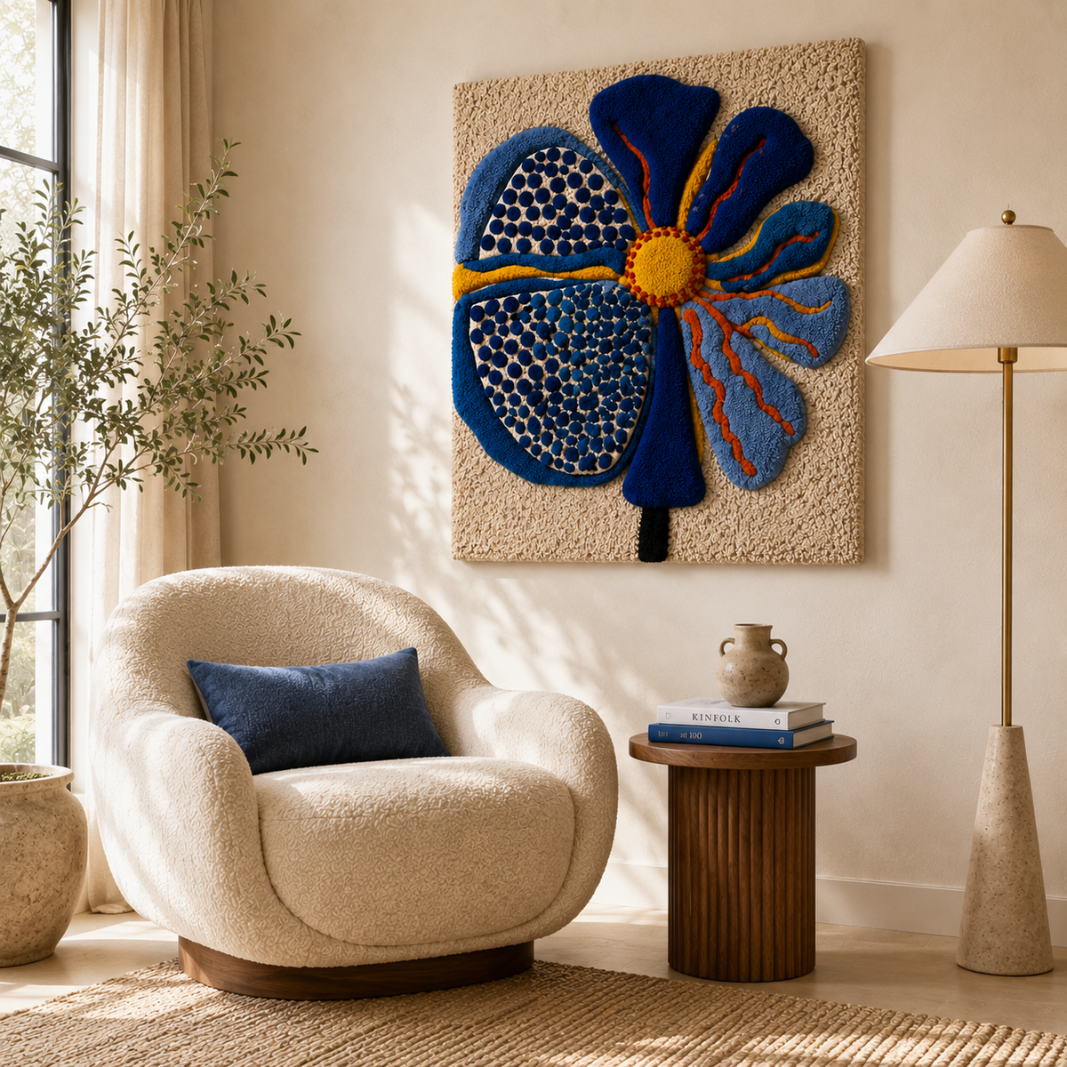 Hewn Earth Ember Xanadu wall art featuring vibrant, abstract design with warm tones on a wall background