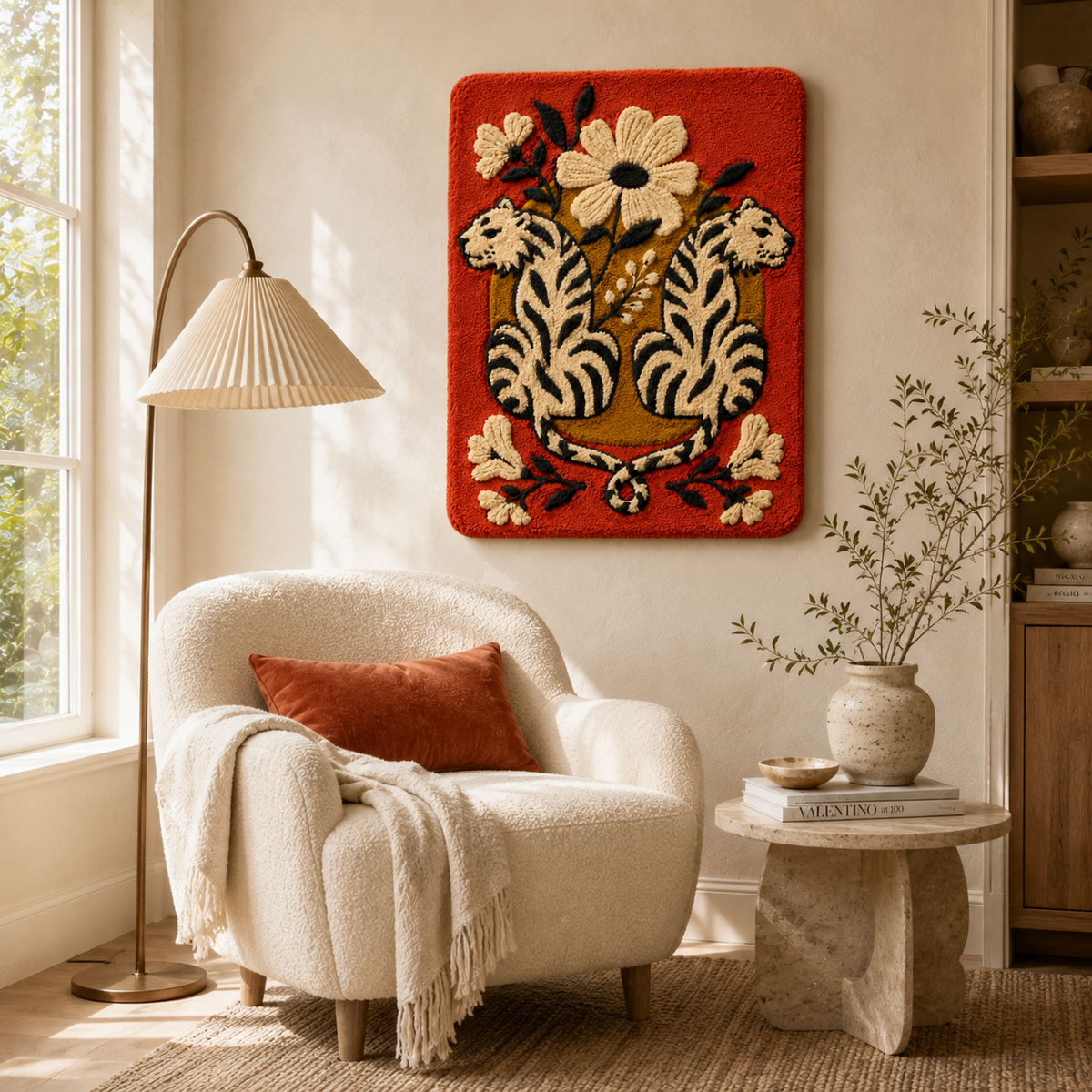 Hewn Earth Afterglow Horizon wall art featuring a vibrant, abstract sunset scene with warm orange and purple tones.
