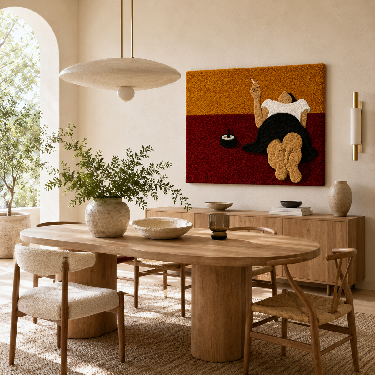 Hewn Earth Cinder Orchard wall art featuring abstract earthy tones and textured design displayed on a modern living room wall