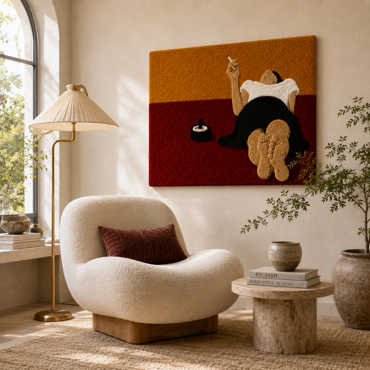 Close-up of Hewn Earth's Cinder Orchard wall art featuring textured, earthy-toned abstract design on a wall.