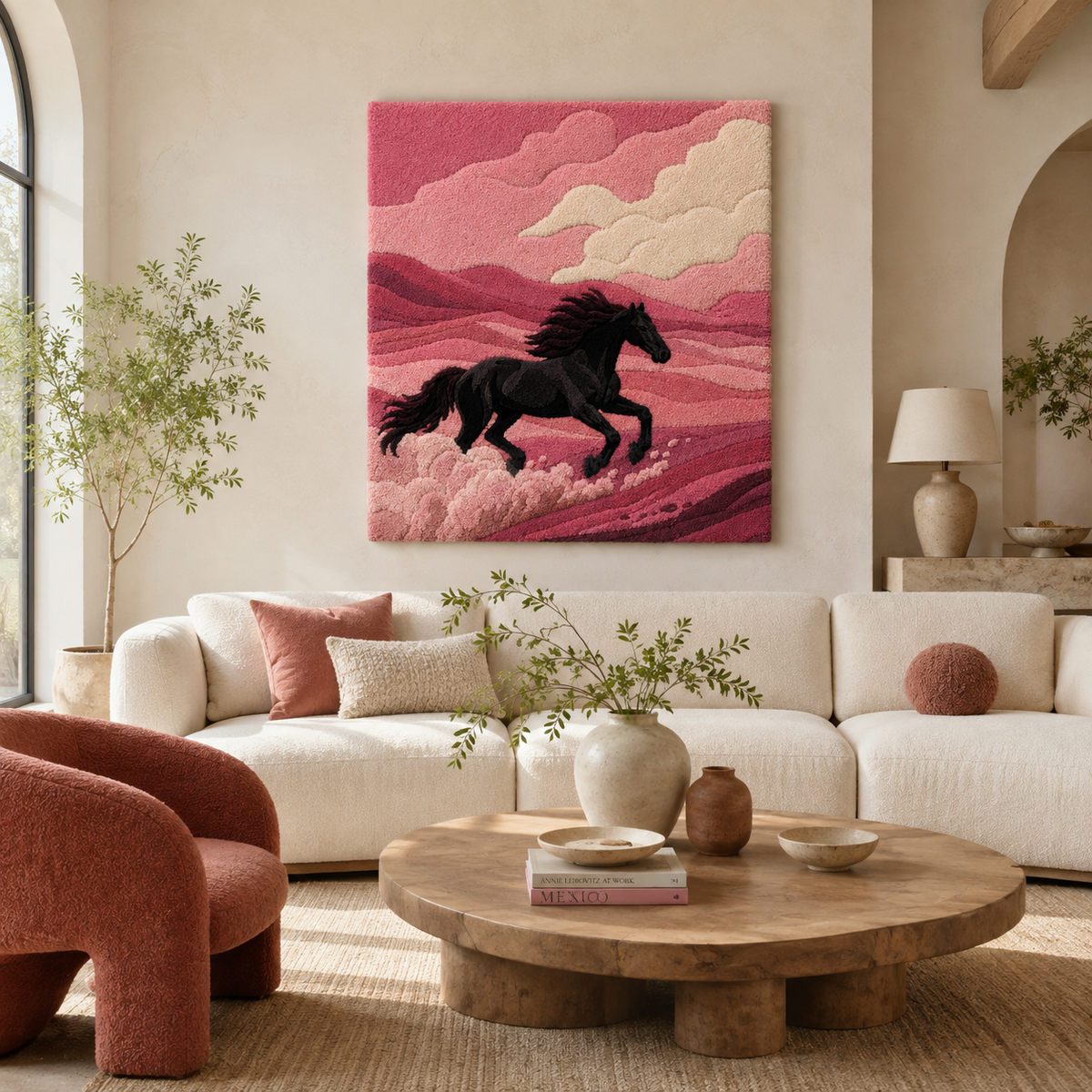 Hewn Earth Afterglow Saffron wall art hanging on a wall, featuring warm saffron tones and abstract design for modern home decor