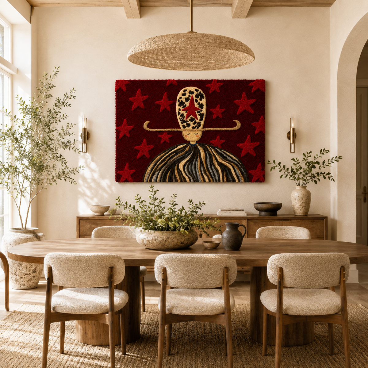 Hewn Earth Cinder Aster wall art featuring a vibrant, abstract floral design on a textured background.