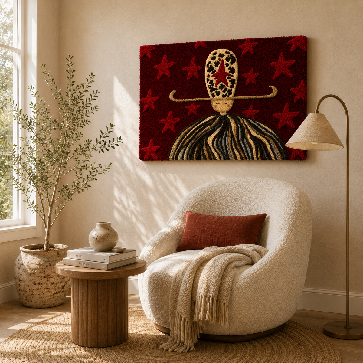 Hewn Earth Cinder Aster wall art featuring a textured, abstract floral design in earthy tones on a neutral background.