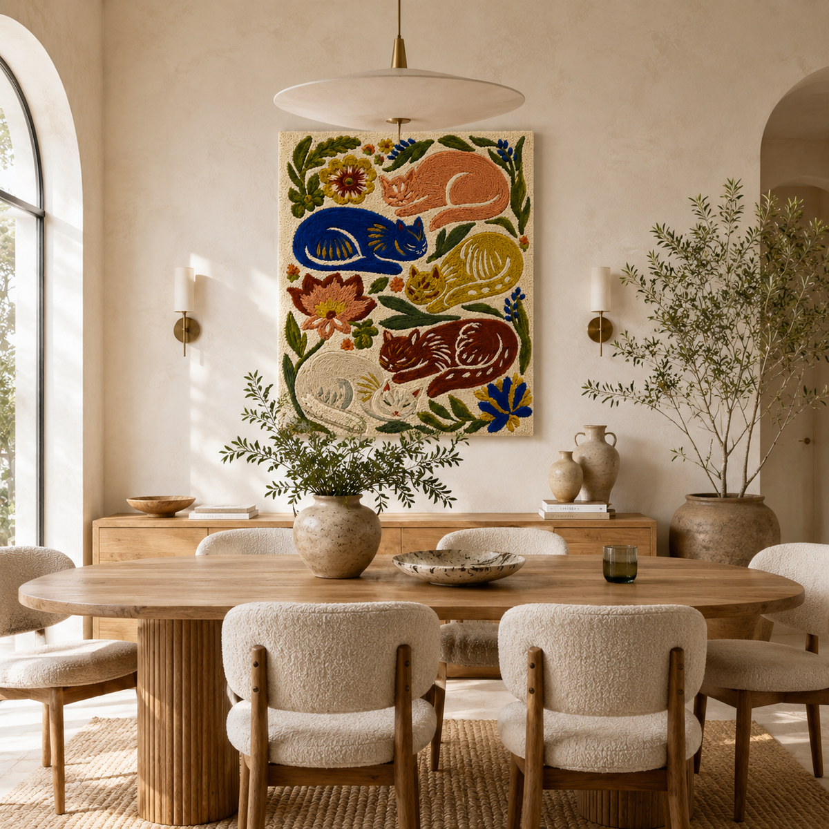 Hewn Earth Ember Garden wall art displayed on a living room wall, featuring natural, earthy tones and botanical design elements.