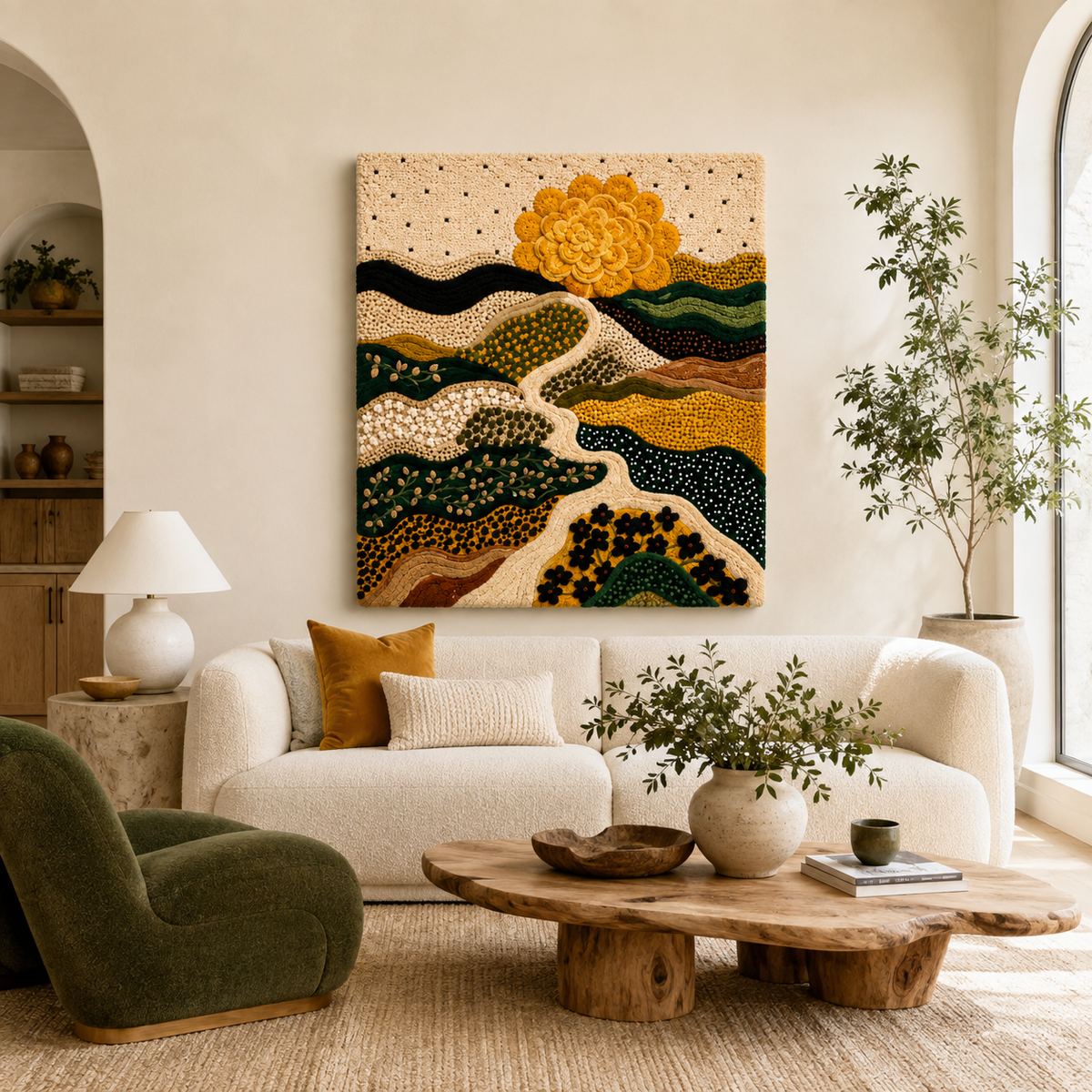 Hewn Earth Afterglow Bower wall art featuring abstract glowing shapes in warm tones on a neutral background.