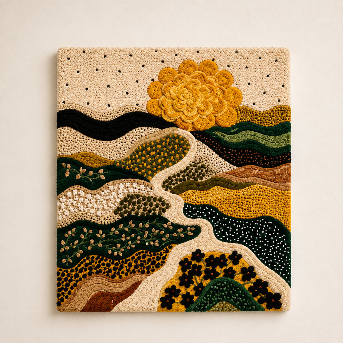 Hewn Earth Afterglow Bower wall art featuring vibrant, abstract design with warm colors on textured canvas background.