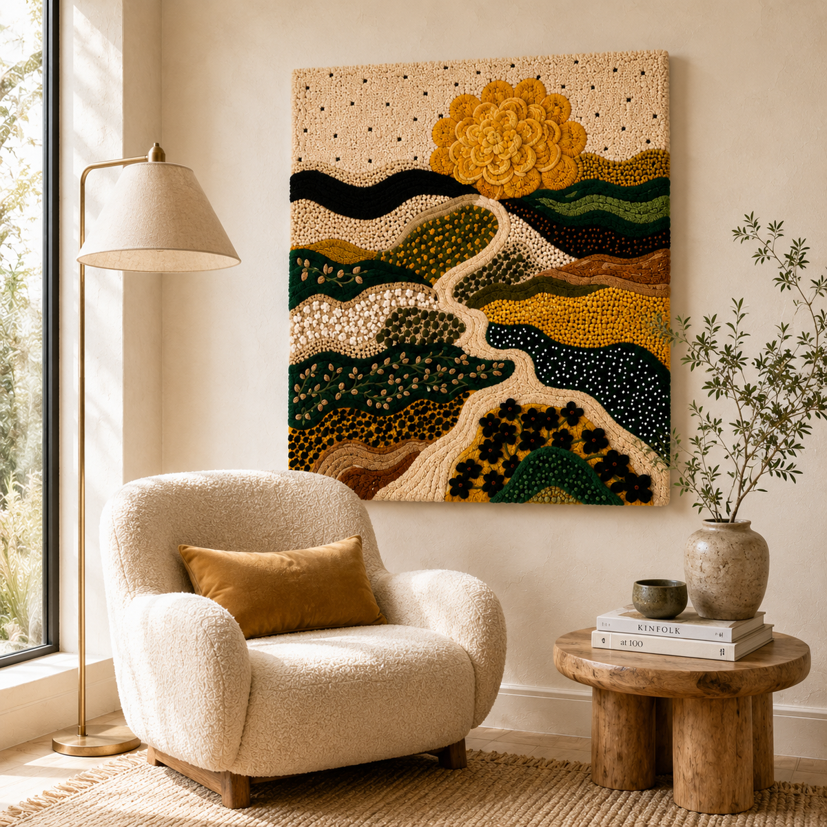 Hewn Earth Afterglow Bower wall art featuring vibrant, abstract design on a canvas for modern home decor.