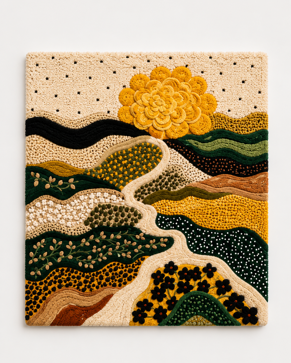 Hewn Earth Afterglow Bower wall art featuring a vibrant, abstract design with earthy tones and intricate patterns.
