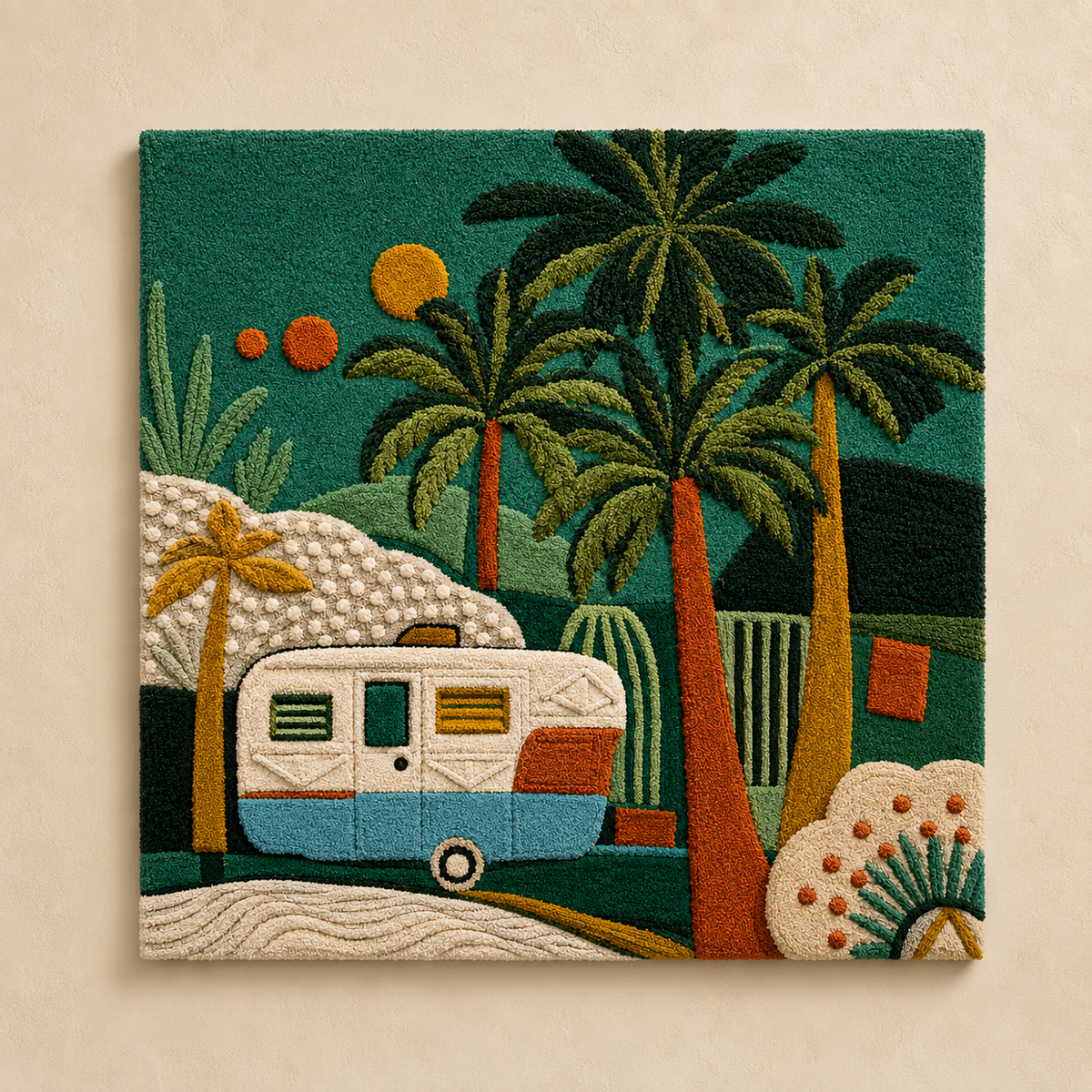 Hewn Earth Ember Palms wall art featuring vibrant palm leaf design on a neutral background for tropical decor.