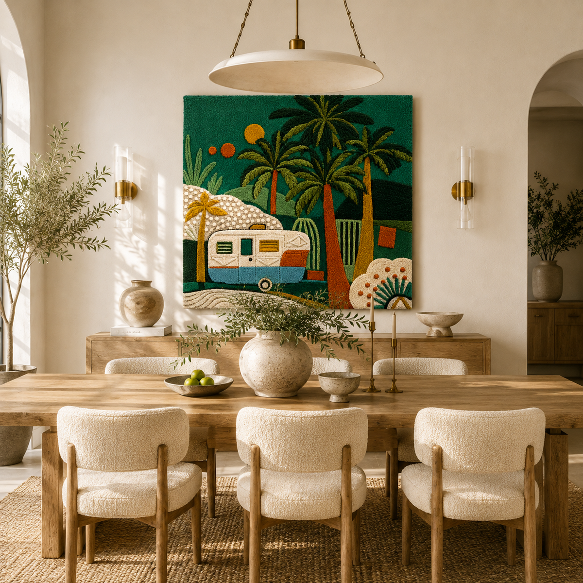 Hewn Earth Ember Palms wall art featuring vibrant, colorful palm leaves on a textured background for tropical decor.