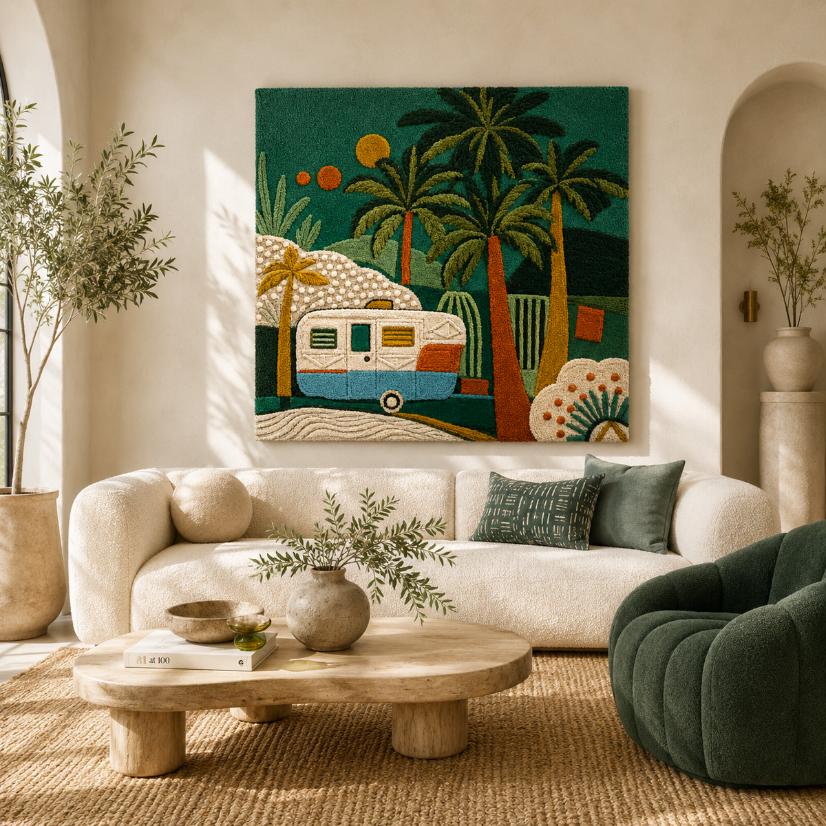 Close-up of Hewn Earth Ember Palms wall art, showcasing detailed textured design and natural earthy tones.