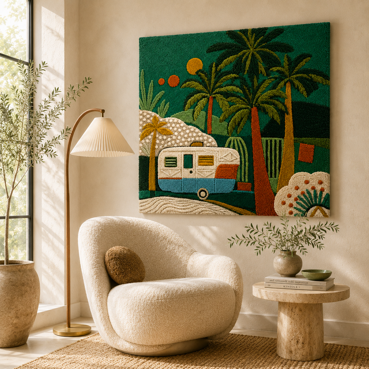 Hewn Earth Ember Palms wall art featuring vibrant, abstract palm leaf design on textured background, ideal for modern interior decor.