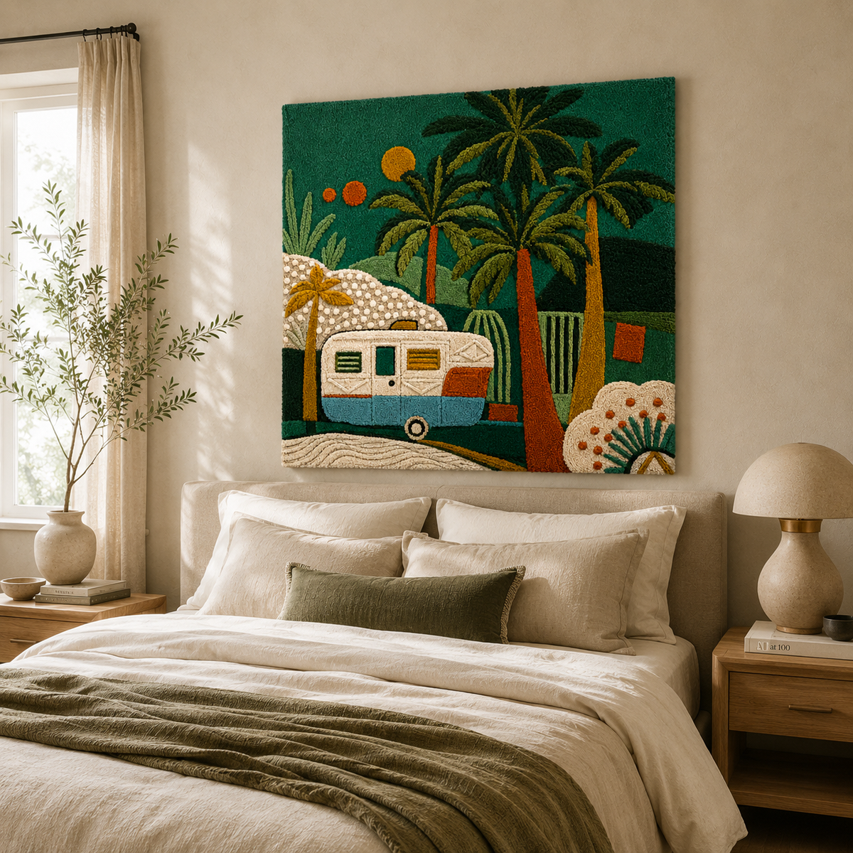 Hewn Earth Ember Palms wall art featuring vibrant palm leaves with warm tones on a neutral background.