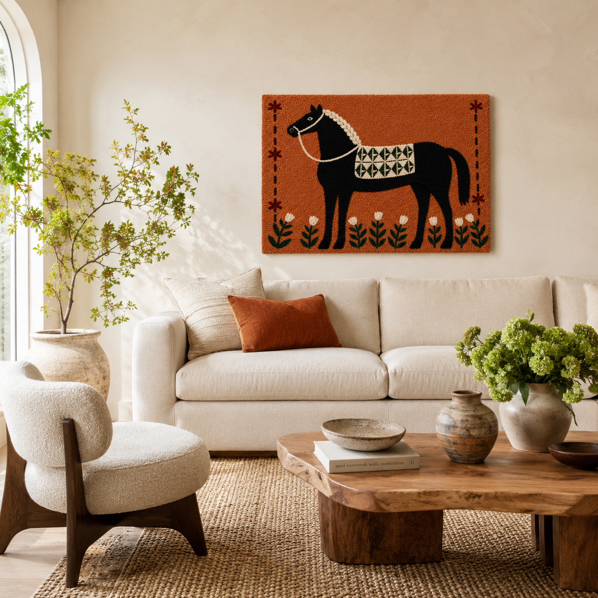 Hewn Earth Gilded Willow wall art featuring a gold-toned abstract design displayed on a living room wall.