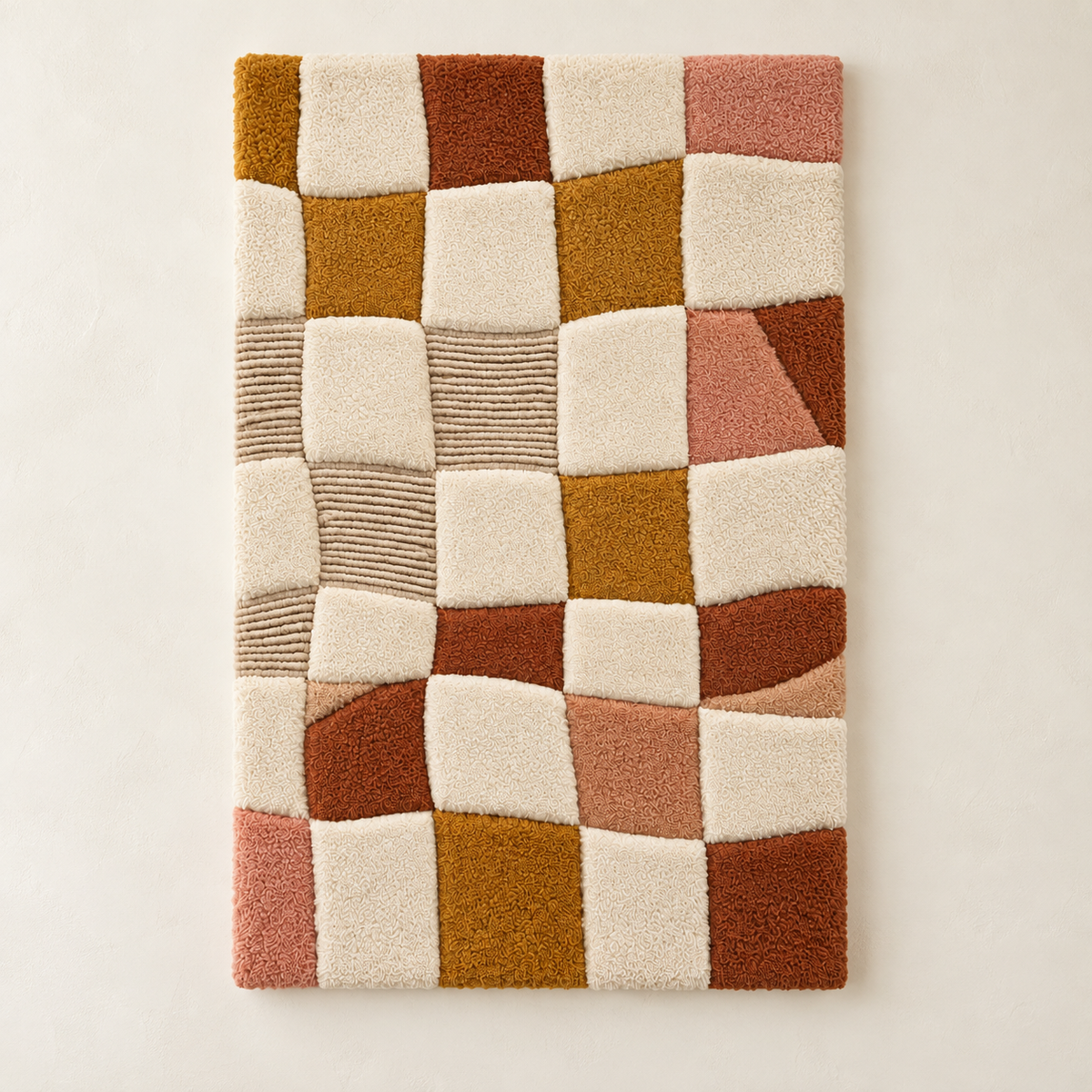 Hewn Earth honey and clay checkerboard wall art featuring geometric pattern in warm tones, suitable for modern interior decor.
