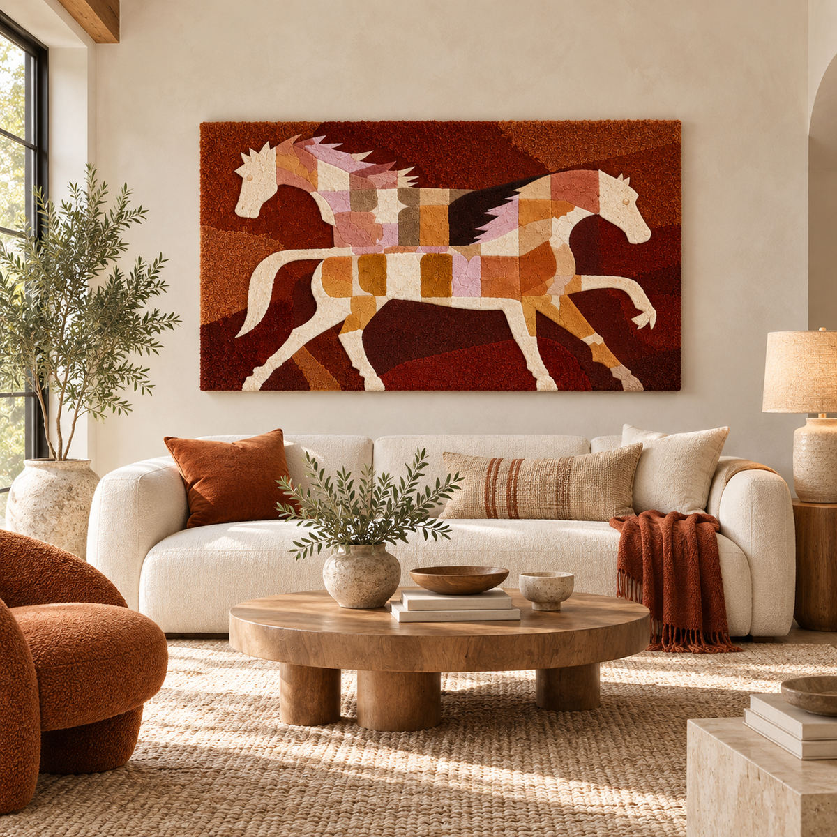 Horses Across Coral Fields — front-facing room scene