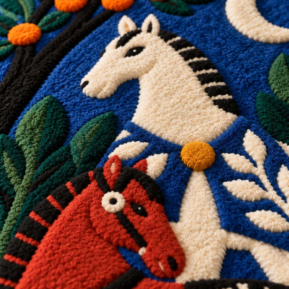 Horses Beneath the Orange Tree — tufted wool texture detail