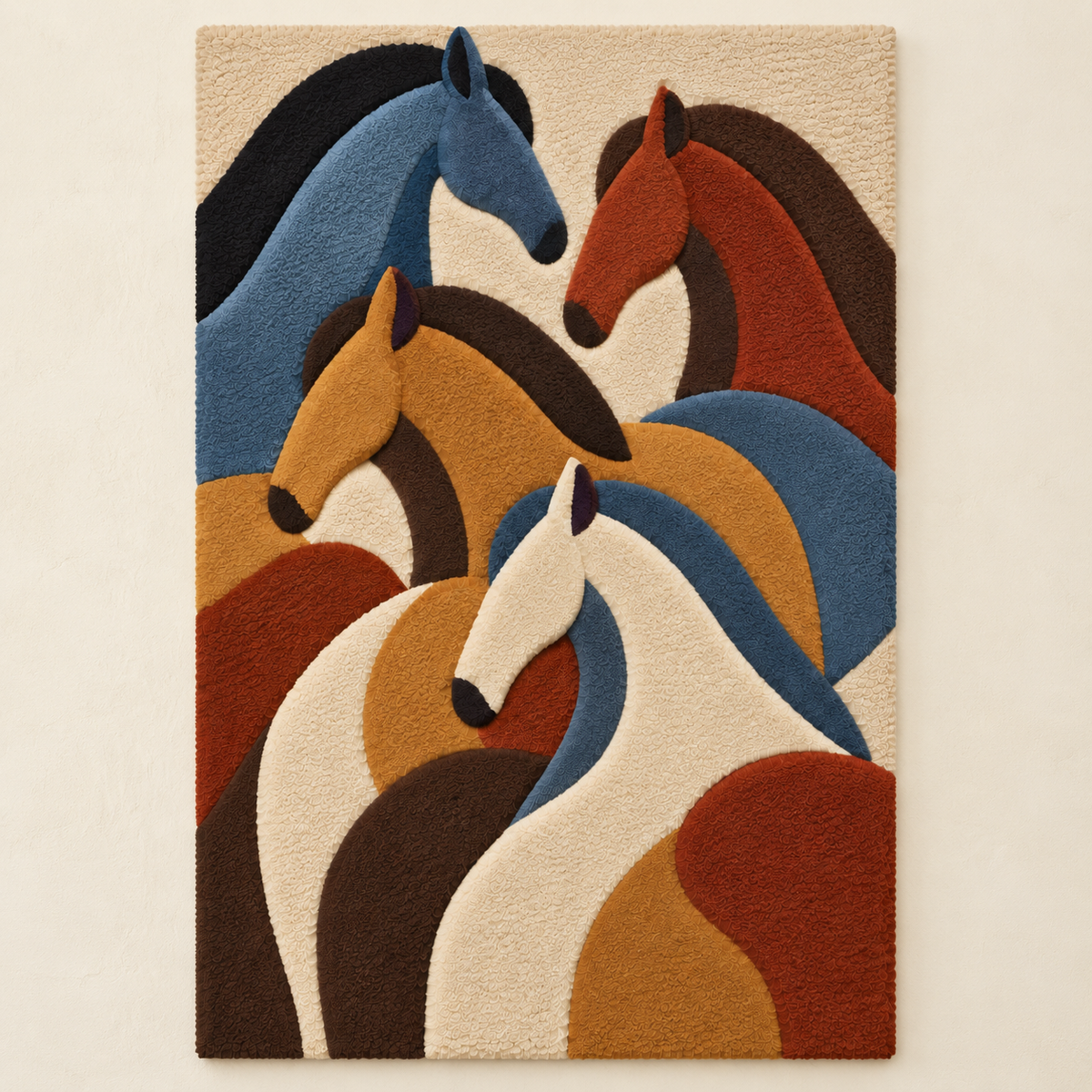 Hewn Earth Horses of the Four Winds wall art featuring stylized horses in a dynamic, artistic design on a light background.