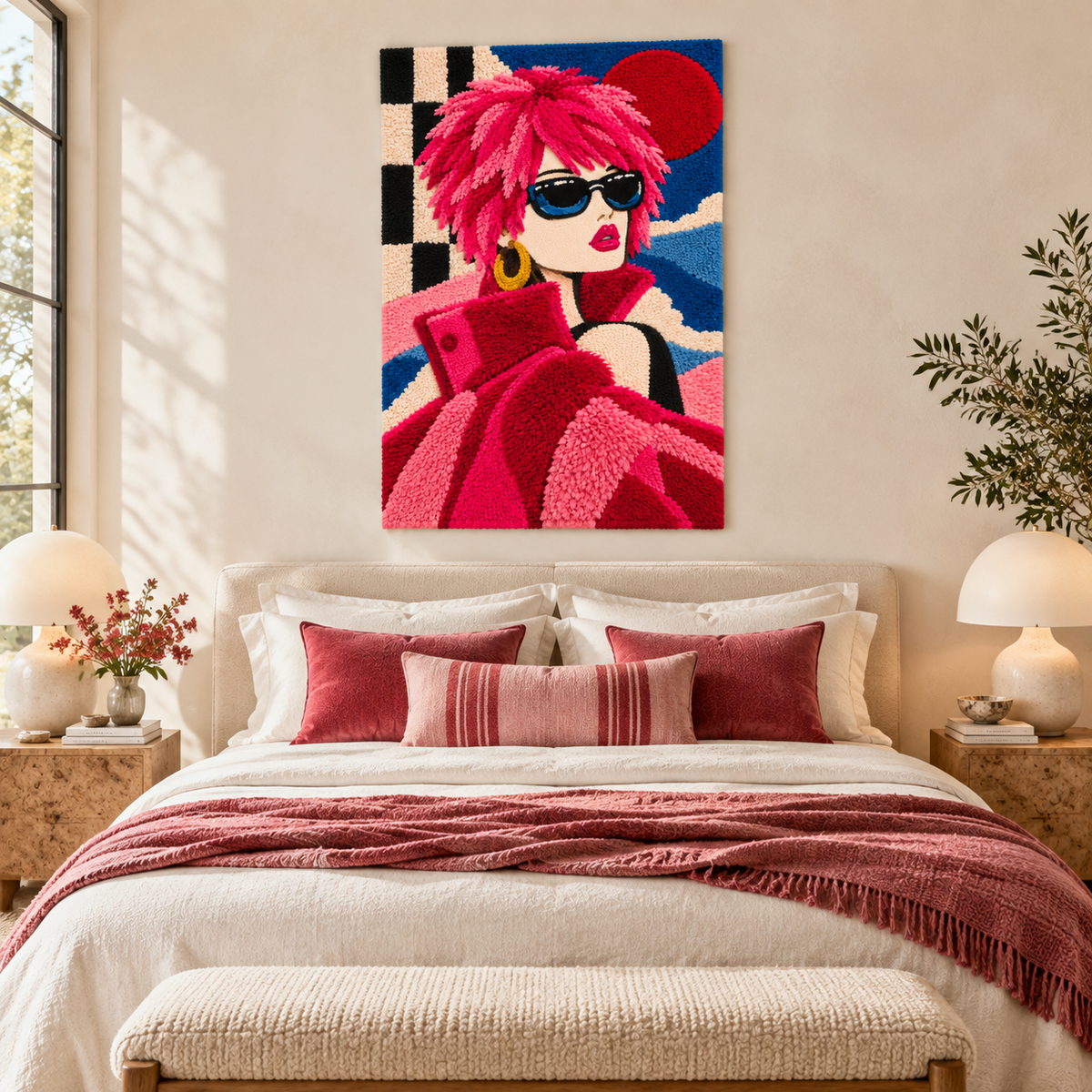 Hot Pink City Muse wall art by Hewn Earth hanging in a room, featuring vibrant cityscape artwork on a wall.