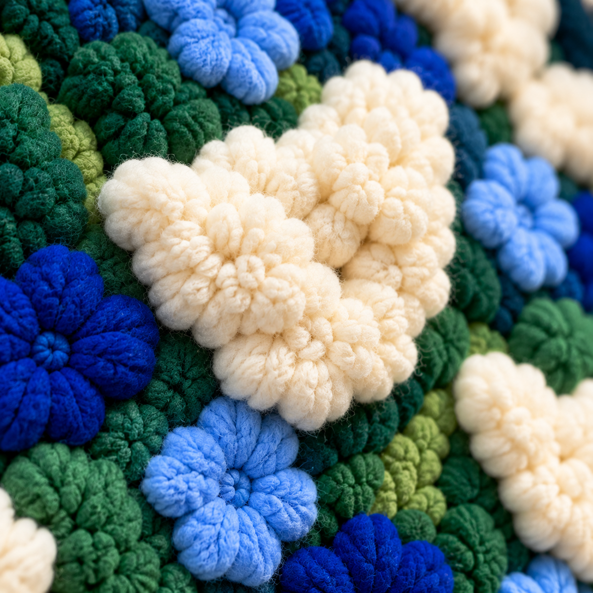 Hydrangeas in the Blue Garden — tufted wool texture detail