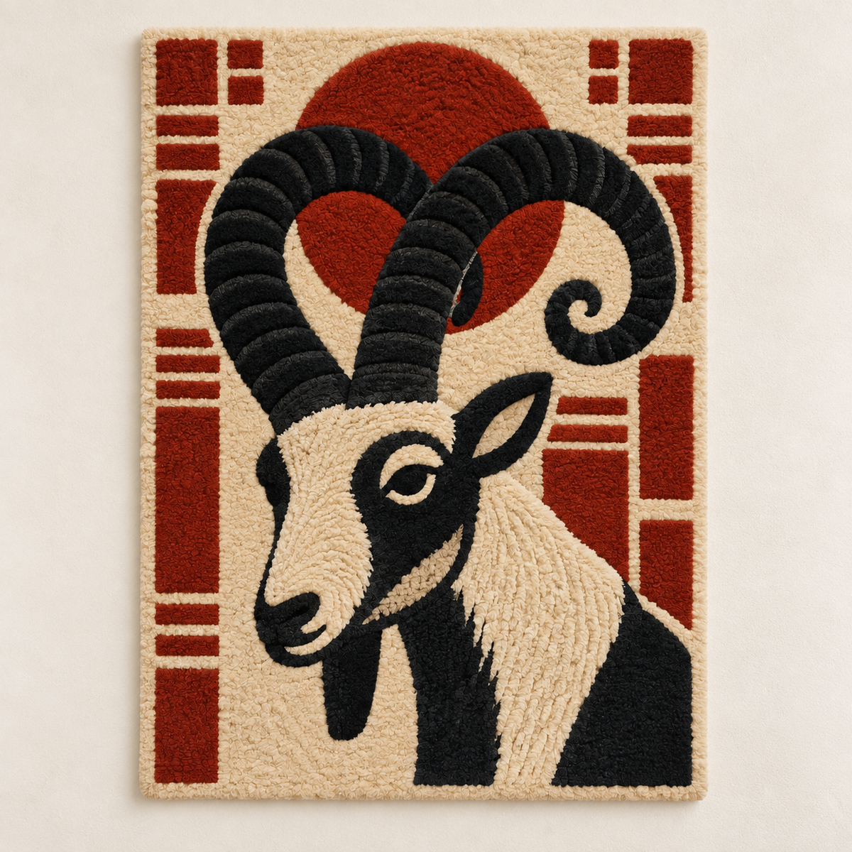 Hewn Earth wall art featuring an ibex beneath a vivid red moon, showcasing detailed animal and celestial imagery.