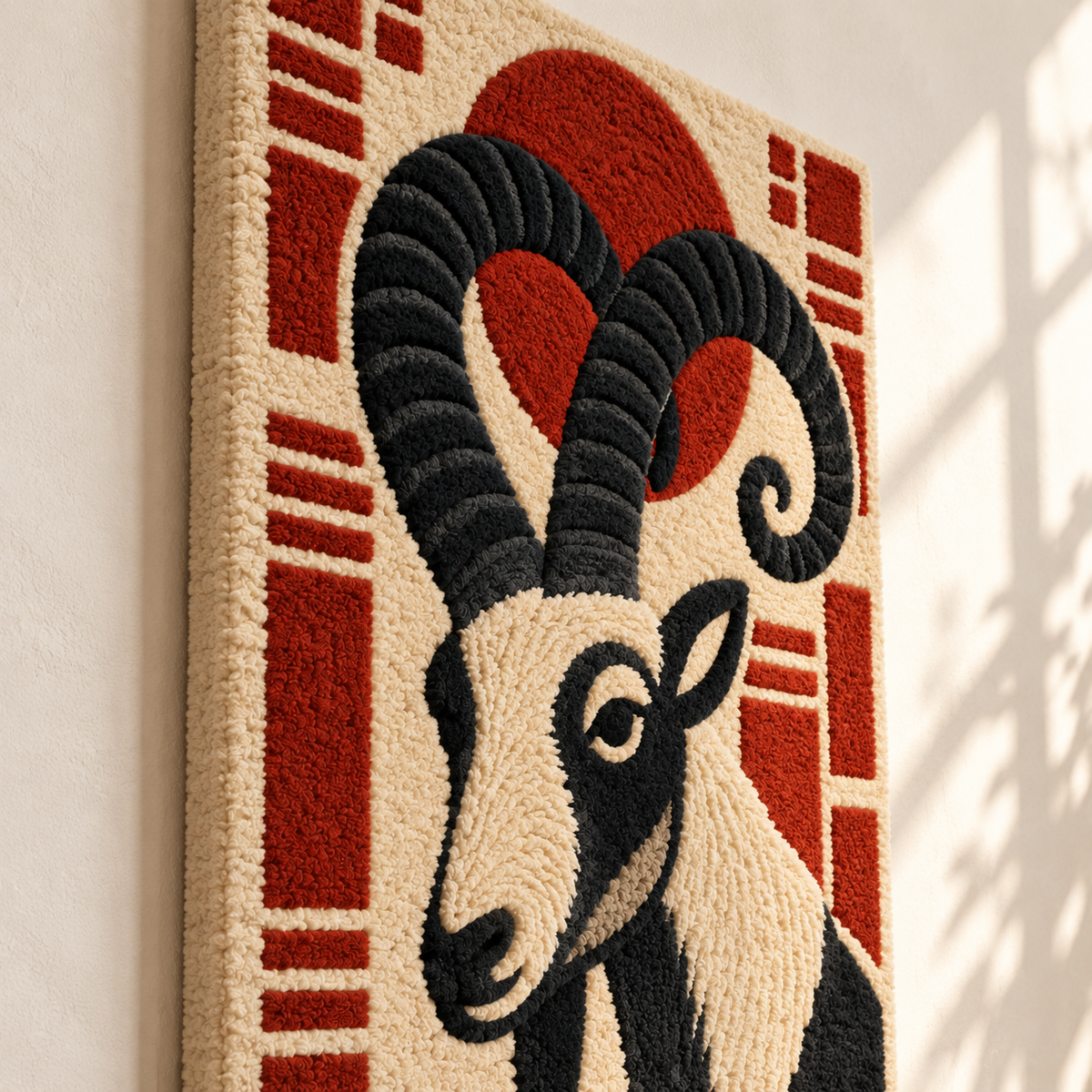Hewn Earth wall art featuring an ibex beneath a red moon, showcasing a detailed and artistic mountain scene.