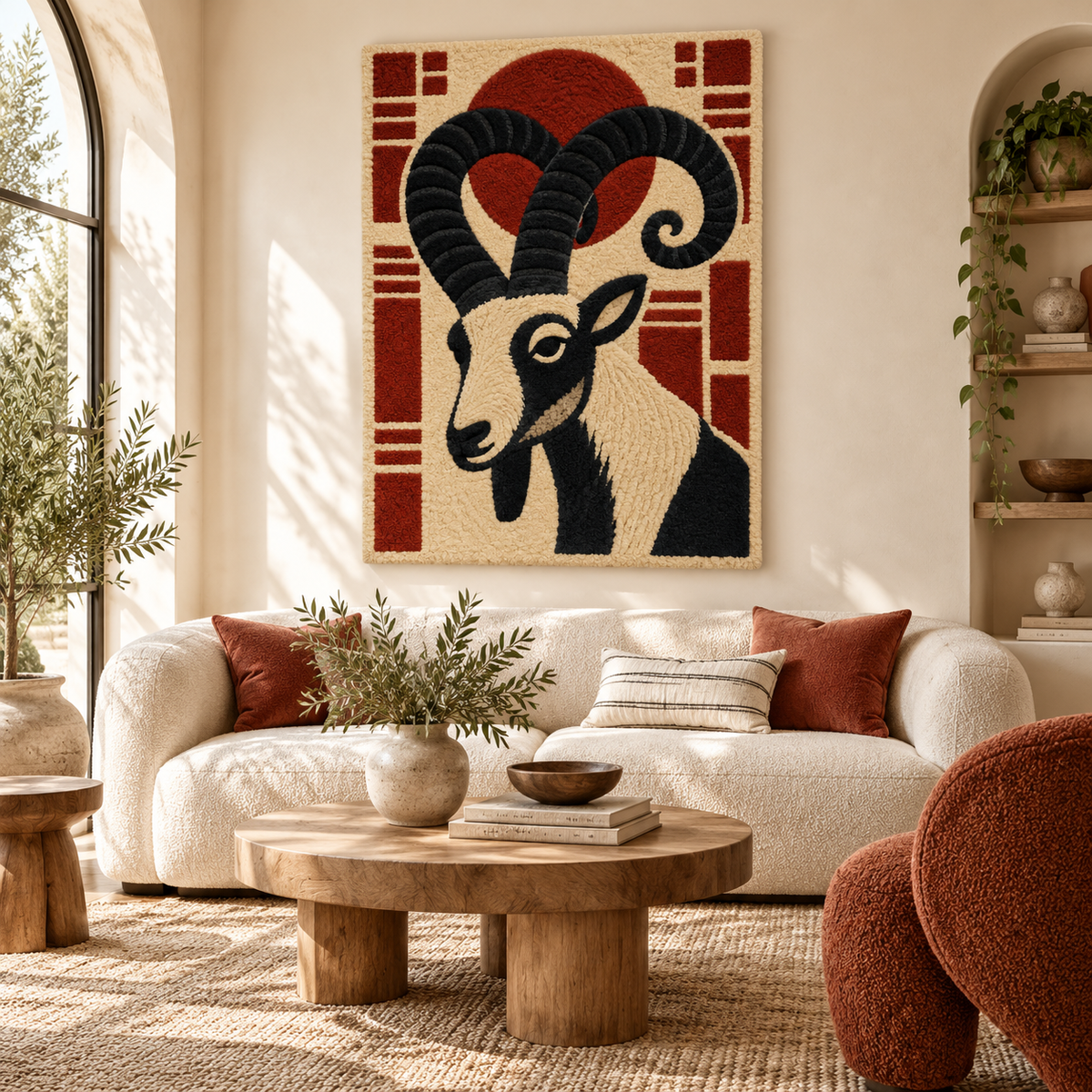 Hewn Earth wall art featuring an ibex beneath a vibrant red moon with a natural landscape background.