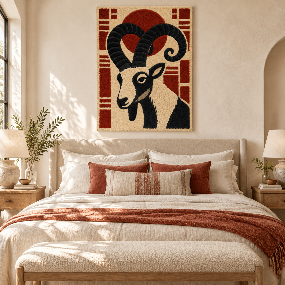 Hewn Earth wall art featuring an ibex beneath a vivid red moon, displayed on a modern room wall.