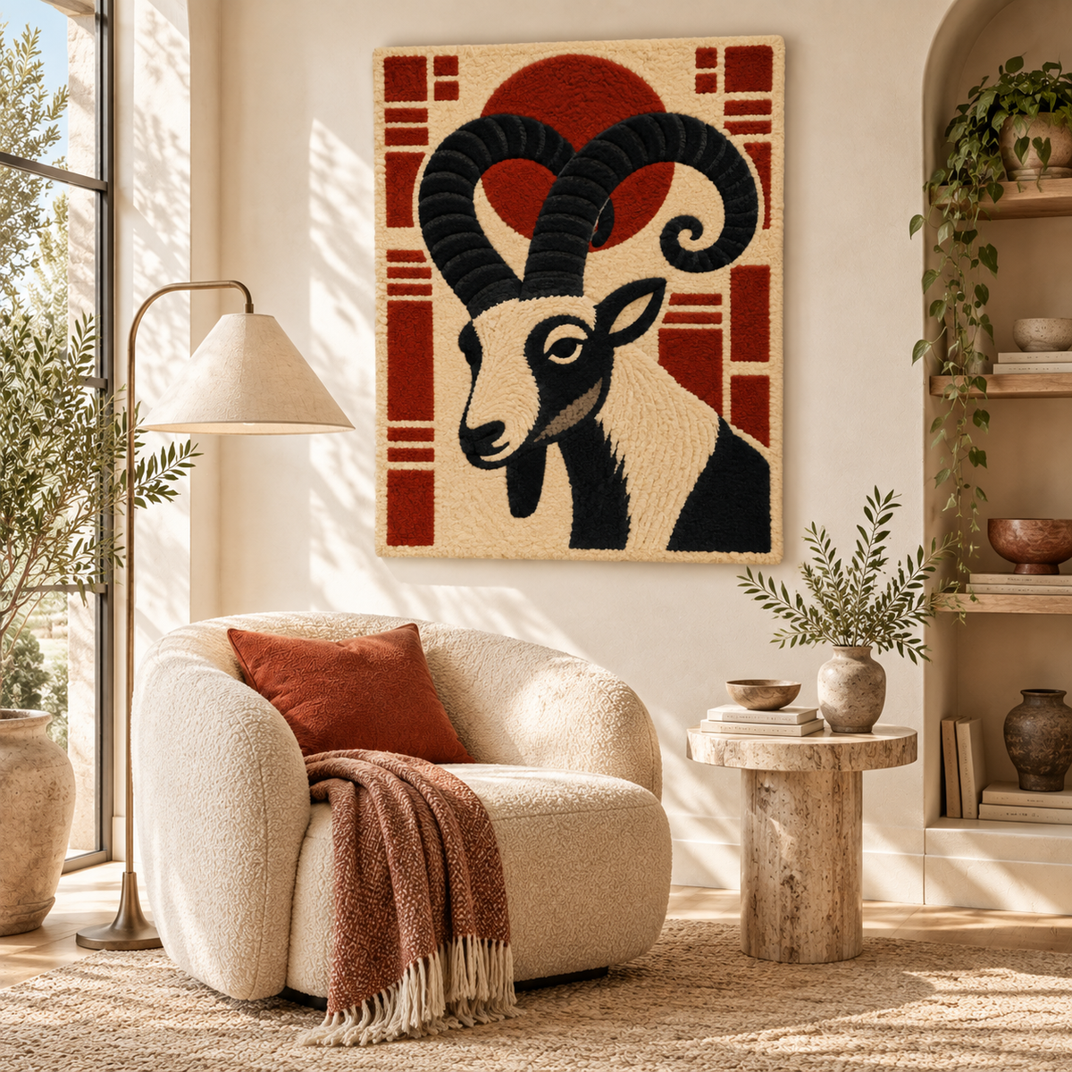 Wall art featuring an ibex beneath a red moon by Hewn Earth, showcasing a detailed illustration on a neutral background.