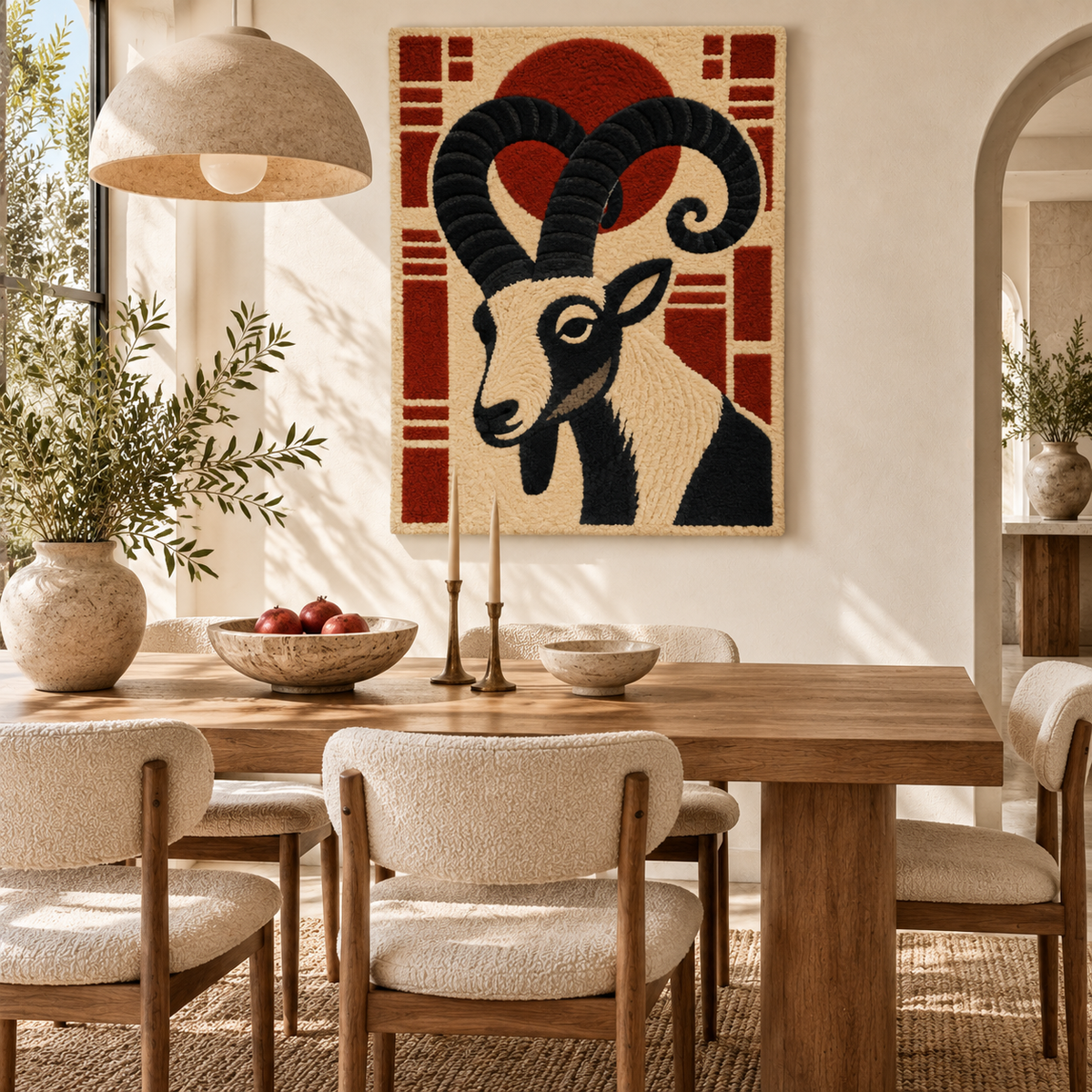 Hewn Earth wall art featuring an ibex beneath a red moon, showcasing a detailed mountain scene with vibrant colors.