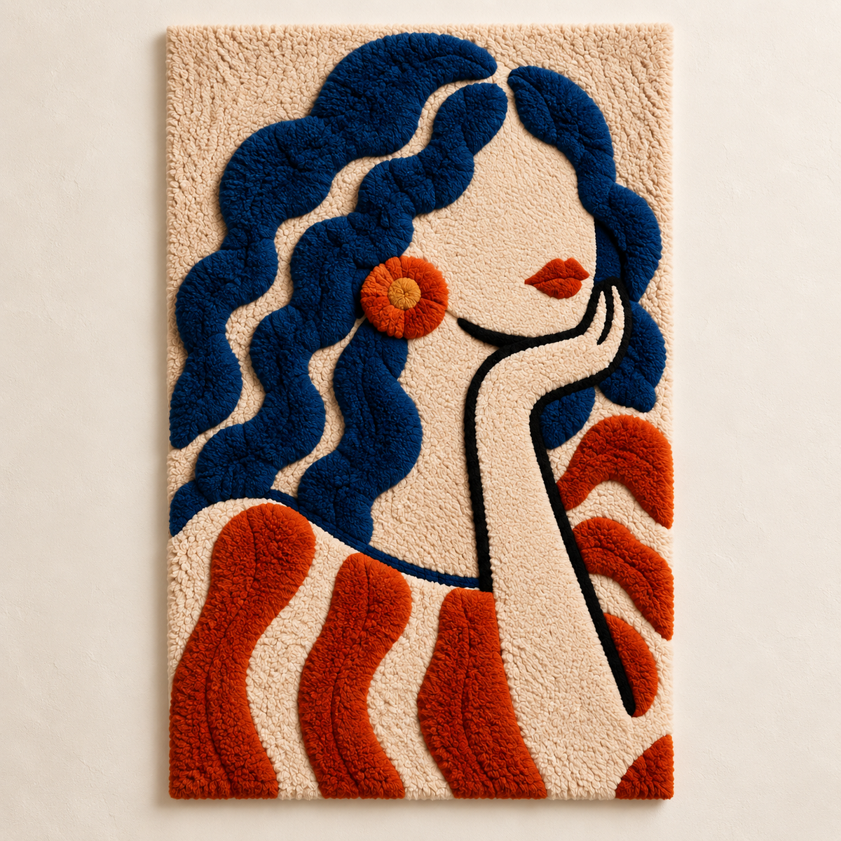 Hewn Earth wall art featuring vibrant indigo curls and orange bloom design on a light background.